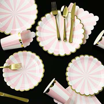 8 Guests Pink Striped with Gold Rim Disposable Partyware Dinner Set - 9" & 7" Plates, Paper Cups, Table Napkins , and Gold Plating Cutlery Set