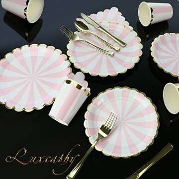 8 Guests Pink Striped with Gold Rim Disposable Partyware Dinner Set - 9" & 7" Plates, Paper Cups, Table Napkins , and Gold Plating Cutlery Set