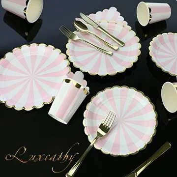 8 Guests Pink Striped with Gold Rim Disposable Partyware Dinner Set - 9" & 7" Plates, Paper Cups, Table Napkins , and Gold Plating Cutlery Set