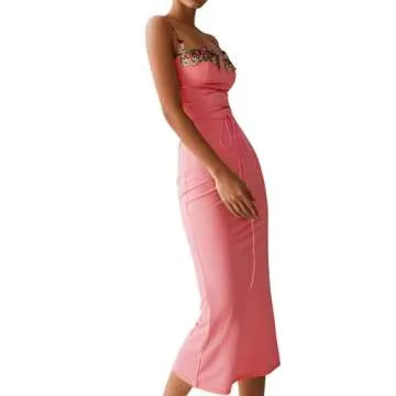 Women Sexy Backless Satin Maxi Dresses Spaghetti Strap Floral Print Dresses Slim Fit Elegant Long Dresses Night Party Outfits