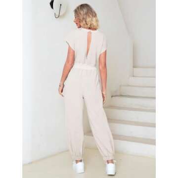 Glamaker Women's Casual Sleeveless One Piece Jumpsuits Loose Open Back Workout Onesie Summer Outfits With Pockets(Apricot M)