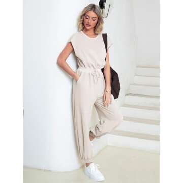 Glamaker Women's Casual Sleeveless One Piece Jumpsuits Loose Open Back Workout Onesie Summer Outfits With Pockets(Apricot M)