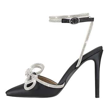 Onlymaker Women's Rhinestone Ankle Wrap Sandals Bowknot Satin Pointy Toe Stilettos High Heels Sandals Black Size 6