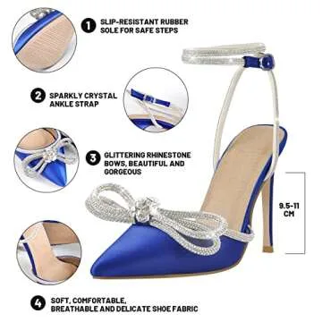 Onlymaker Women's Rhinestone Ankle Wrap Sandals Bowknot Satin Pointy Toe Stilettos High Heels Sandals Black Size 6