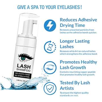 Shmian Lash Shampoo for Lash Extensions, 50ml Eyelash Foam Cleanser and 50 Pcs Eyelash Brush and Rin...