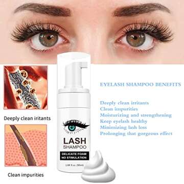 Shmian Lash Shampoo for Lash Extensions, 50ml Eyelash Foam Cleanser and 50 Pcs Eyelash Brush and Rinse Bottle Mini Fan Oil Free/Sulfate Free Eyelash Wash Remover For Eyelash Extension Makeup Removel