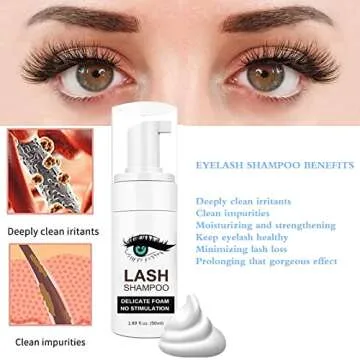 Shmian Lash Shampoo for Lash Extensions, 50ml Eyelash Foam Cleanser and 50 Pcs Eyelash Brush and Rinse Bottle Mini Fan Oil Free/Sulfate Free Eyelash Wash Remover For Eyelash Extension Makeup Removel