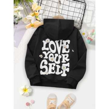 COZYEASE Girls' Letter Graphic Cute Hoodies Long Sleeve Pullover Hoodie Sweatshirt Black 11-12Y