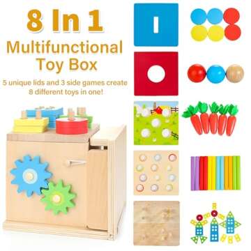 Kizfarm Wooden Montessori Baby Toys, 8-in-1 Wooden Play Kit Includes Object Permanent Box, Coin Box, Carrot Harvest, Shape Sorting & Stacking - Christmas Birthday Gift for Boys Girls Toddlers