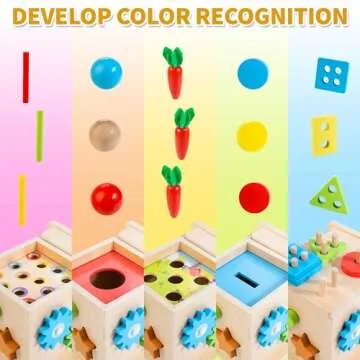 Kizfarm Wooden Montessori Baby Toys, 8-in-1 Wooden Play Kit Includes Object Permanent Box, Coin Box, Carrot Harvest, Shape Sorting & Stacking - Christmas Birthday Gift for Boys Girls Toddlers