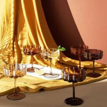 Venus Glasses Luxury Glassware - Set of 6 - Everyday, Holiday Gift Her, Mom, Wife, Girlfriend, Special Celebrations Drinkware, Christmas, Textured Glass, Brown Style Amber Colored - Flower Coupes 7oz