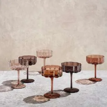 Venus Glasses Luxury Glassware - Set of 6 - Everyday, Holiday Gift Her, Mom, Wife, Girlfriend, Special Celebrations Drinkware, Christmas, Textured Glass, Brown Style Amber Colored - Flower Coupes 7oz