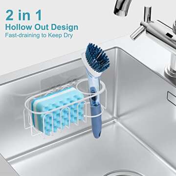 stusgo Sponge Holder for Kitchen Sink, 2 in 1 Sponge and Brush Holder in Sink, Adhesive Sponge Caddy for Kitchen Sink, Stainless Steel, Rust Proof Water Proof, No Drilling, White