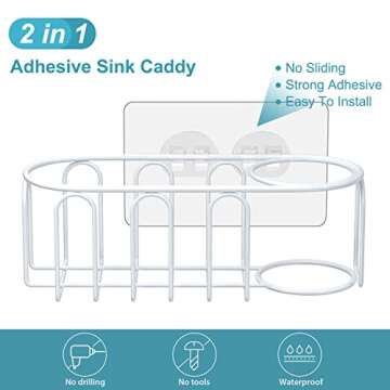 stusgo Sponge Holder for Kitchen Sink, 2 in 1 Sponge and Brush Holder in Sink, Adhesive Sponge Caddy for Kitchen Sink, Stainless Steel, Rust Proof Water Proof, No Drilling, White