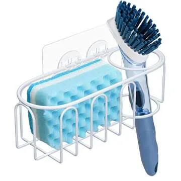 stusgo Sponge Holder for Kitchen Sink, 2 in 1 Sponge and Brush Holder in Sink, Adhesive Sponge Caddy for Kitchen Sink, Stainless Steel, Rust Proof Water Proof, No Drilling, White