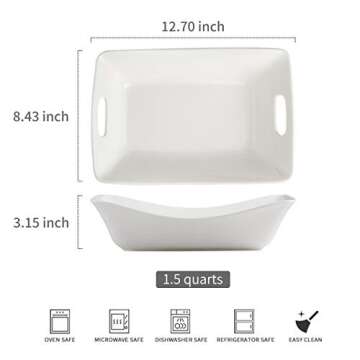 YHOSSEUN Large Serving Bowls with Handles White Serving Dishes For Entertaining, 1.5 Quarts Ceramic Bowl Set Rectangle Serving Platter for Thanksgiving, 2 Pack