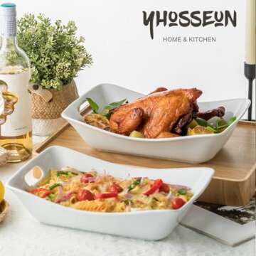YHOSSEUN Large Serving Bowls with Handles White Serving Dishes For Entertaining, 1.5 Quarts Ceramic Bowl Set Rectangle Serving Platter for Thanksgiving, 2 Pack