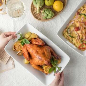 YHOSSEUN Large Serving Bowls with Handles White Serving Dishes For Entertaining, 1.5 Quarts Ceramic Bowl Set Rectangle Serving Platter for Thanksgiving, 2 Pack