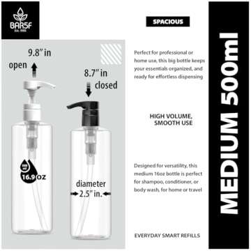 Bar5F Plastic Lotion Bottles with Black & White Pumps, 16 oz | Leak Proof, Empty Clear Cylinder, Ref...