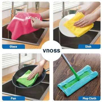 Vnoss Microfiber Cleaning Cloth, Pack of 12 Cleaning Rag, Super Absorbent and Lint Free Cleaning Towels with 4 Color Assorted, 12"X12"(Blue/Green/Yellow/Pink)