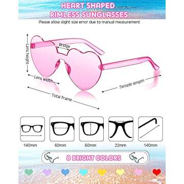 Frienda 8 Pairs Heart Shaped Sunglasses for Women Rimless Heart Glasses Candy Color Sunglasses for P...