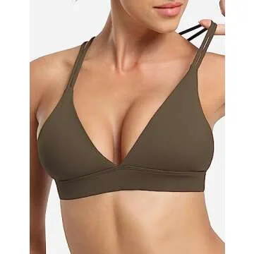 YEOREO Sports Bra for Women V-Neck Strappy Criss-Cross Back Yoga Bra Padded Fitness Crop Top Coffee S