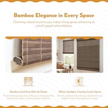 Radiance Cordless Bamboo Roman Shades for Windows - Flatstick Bamboo Blinds for Semi-Private Light Control - Easy to Lift & Fold Up Window Shades - Driftwood - 35 in. W x 64 in. L - (2216612E)
