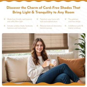 Radiance Cordless Bamboo Roman Shades for Windows - Flatstick Bamboo Blinds for Semi-Private Light Control - Easy to Lift & Fold Up Window Shades - Driftwood - 35 in. W x 64 in. L - (2216612E)