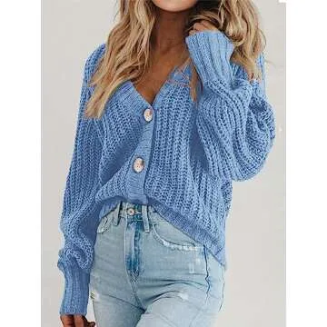 PRETTYGARDEN Women's Short Cardigan Sweaters V Neck Button-Down Long Sleeve Oversized Chunky Knit Cardigans (Light Blue,Medium)