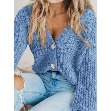 PRETTYGARDEN Women's Short Cardigan Sweaters V Neck Button-Down Long Sleeve Oversized Chunky Knit Cardigans (Light Blue,Medium)