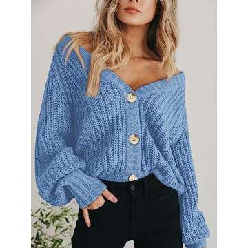 PRETTYGARDEN Women's Short Cardigan Sweaters V Neck Button-Down Long Sleeve Oversized Chunky Knit Cardigans (Light Blue,Medium)