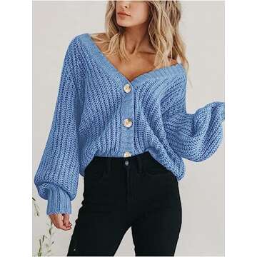 PRETTYGARDEN Women's Short Cardigan Sweaters V Neck Button-Down Long Sleeve Oversized Chunky Knit Cardigans (Light Blue,Medium)