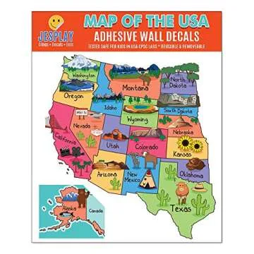 Map of The USA Adhesive Wall Decals - Wall Décor Stickers for Kids & Toddlers Include United States Map and Country - Reusable Wall Decor for Bedroom, Living Room, Nursery, Classroom