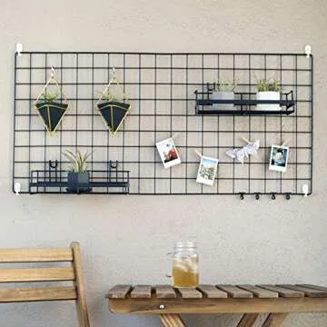 Wire Hanging Wall Grid - Black - Home Decor - Office Storage and Organizer - Polaroid Photogrid - Metal Plant Hanging - Minimalistic Aesthetic - Desk Decorations - Hanging Hooks Included - Bonus Clips
