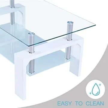 Living Room Rectangle Coffee Table, Tea Table Suitable for Waiting Room, Modern Side Coffee Table with Wooden Leg, Glass Tabletop with Lower Shelf, White 39.5 * 23.5 * 17.5