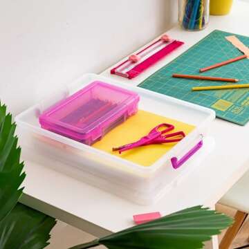 IRIS USA Plastic Storage Bins with Lids 6 Qt. Craft Organizers and Storage, Art Supply Storage Organizer, Arts and Crafts Organizer, Stackable and Secure Latch, Clear/Violet - 6 Pack