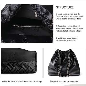 SHARPAD Woven Tote Bag for Women Purse: Large Capabilities Travel Totes - Soft Leather Shoulder Handbags（black）