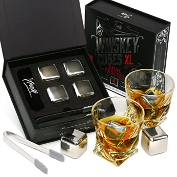 4 XL Stainless Steel Whisky Ice Cubes, Special Tongs & Freezer Pouch in Luxury Gift Box for Whiskey ...