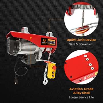 BEAMNOVA Electric Hoist 110-120v Overhead Engine Lift 110-120 Volt with Line 4.92 Ft Remote Control Switch Hook Strap Beam Mounting Bracket Gloves Pulley (1543lbs)