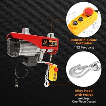 BEAMNOVA Electric Hoist 110-120v Overhead Engine Lift 110-120 Volt with Line 4.92 Ft Remote Control Switch Hook Strap Beam Mounting Bracket Gloves Pulley (1543lbs)
