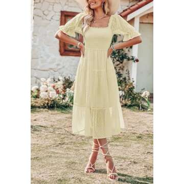 MEROKEETY Women's 2025 Summer Square Neck Puff Sleeve Boho Midi Dress Swiss Dot Ruffle Flowy Tie Back Dress