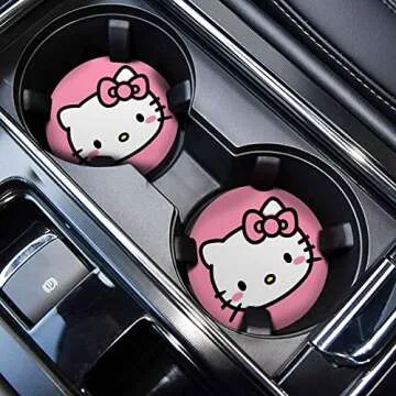 Hello Pink Cat Anime Car Cup Holder Coasters - 2PCS 2.75" Cute Kitty Cat Kawaii Cartoon Silicone Cat Car Cup Insert Coasters for Women Girl Best Gifts by FLYEEGO