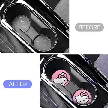 Hello Pink Cat Anime Car Cup Holder Coasters - 2PCS 2.75" Cute Kitty Cat Kawaii Cartoon Silicone Cat Car Cup Insert Coasters for Women Girl Best Gifts by FLYEEGO