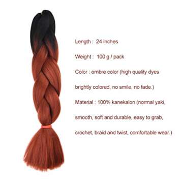 RAYIIS 6 Packs Ombre Braiding Hair Synthetic Braiding Hair Extensions 24 inches Black-Red Brown