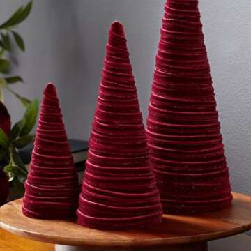 Set of 3 Burgundy Velvet Cones - Handcrafted Seasonal Decor for Home