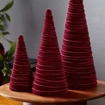 Set of 3 Burgundy Velvet Cones - Handcrafted Seasonal Decor for Home