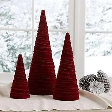 Set of 3 Burgundy Velvet Cones for Elegant Winter Decor