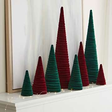 Set of 3 Burgundy Velvet Cones for Elegant Winter Decor
