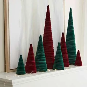 Set of 3 Burgundy Velvet Cones for Elegant Winter Decor