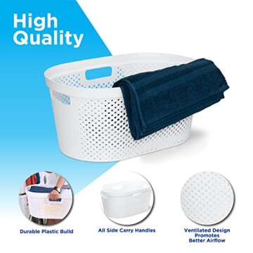 Clorox Laundry Basket Plastic - Portable Clothes Hamper with Handles - Short Storage Bin for Bedroom and Baby Nursery, 1 Bushel, White